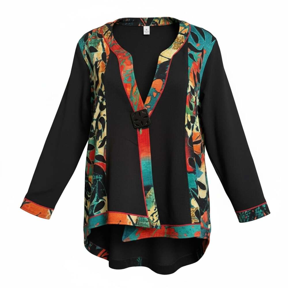 Parsley & Sage Dylan French Terry Offset Button V-Neck Printed Jacket Med Artsy